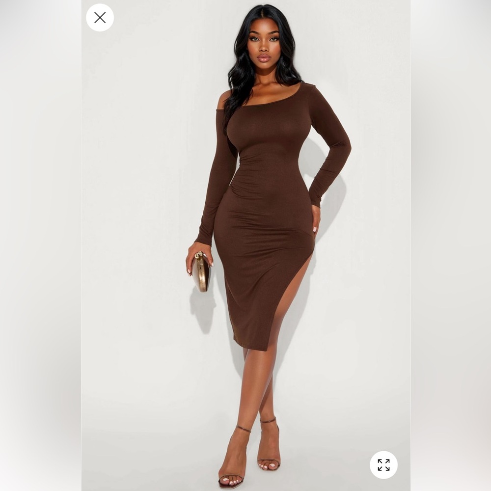 FashionNovaEspresso Please One Shoulder Midi Dress - Brown